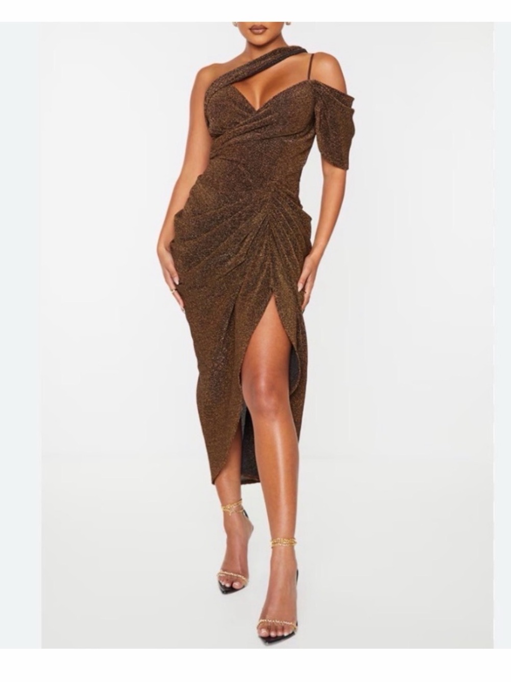 PrettyLittleThing Brown Glitter Plisse One-Shoulder Draped Ruched Midi Dress